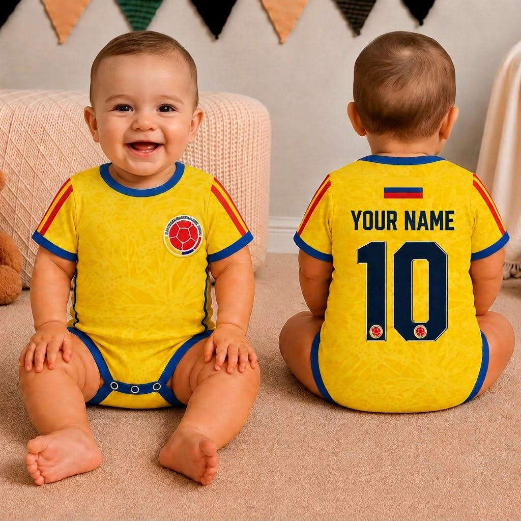 Colombia Baby Bodysuit World Cup 2026, Personalized Soccer Baby Onesie, Custom Name Number Colombia Football Outfit