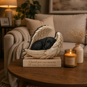 Personalized Wood Black Labrador Retriever Memorial Block: Custom Angel Wing Dog Portrait Stand, Pet Sympathy Gift