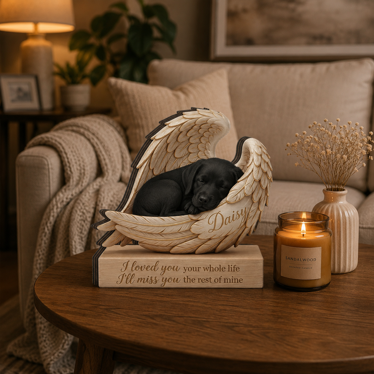 Personalized Wood Black Labrador Retriever Memorial Block: Custom Angel Wing Dog Portrait Stand, Pet Sympathy Gift
