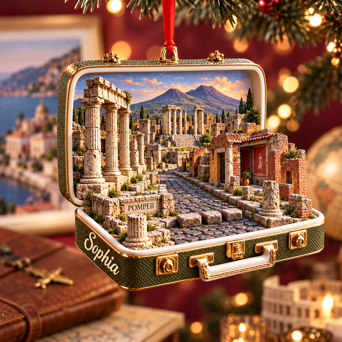 Personalized 3D Pompeii Ruins Suitcase Christmas Ornament – Pompeii Italy Travel Souvenir & Gift for Italy Lovers 66c33062-b0c5-4d90-99b6-2377a6ce2c4a-Pompeii-travel-ornament-on-an-evergreen-branch-1.png
