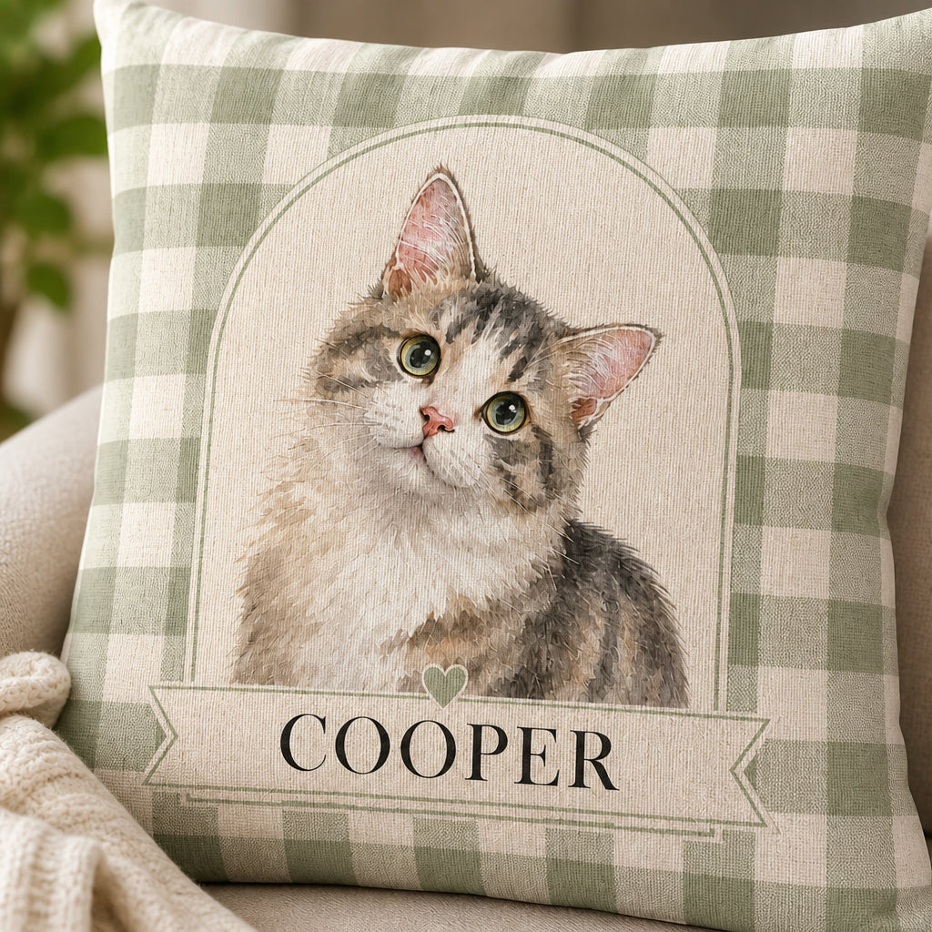 Custom Watercolor Pet Portrait Pillow – Arch on Sage Gingham - Personalized Pillow 6706c280-96f9-4ad2-90f9-dd45994402dc.jpg