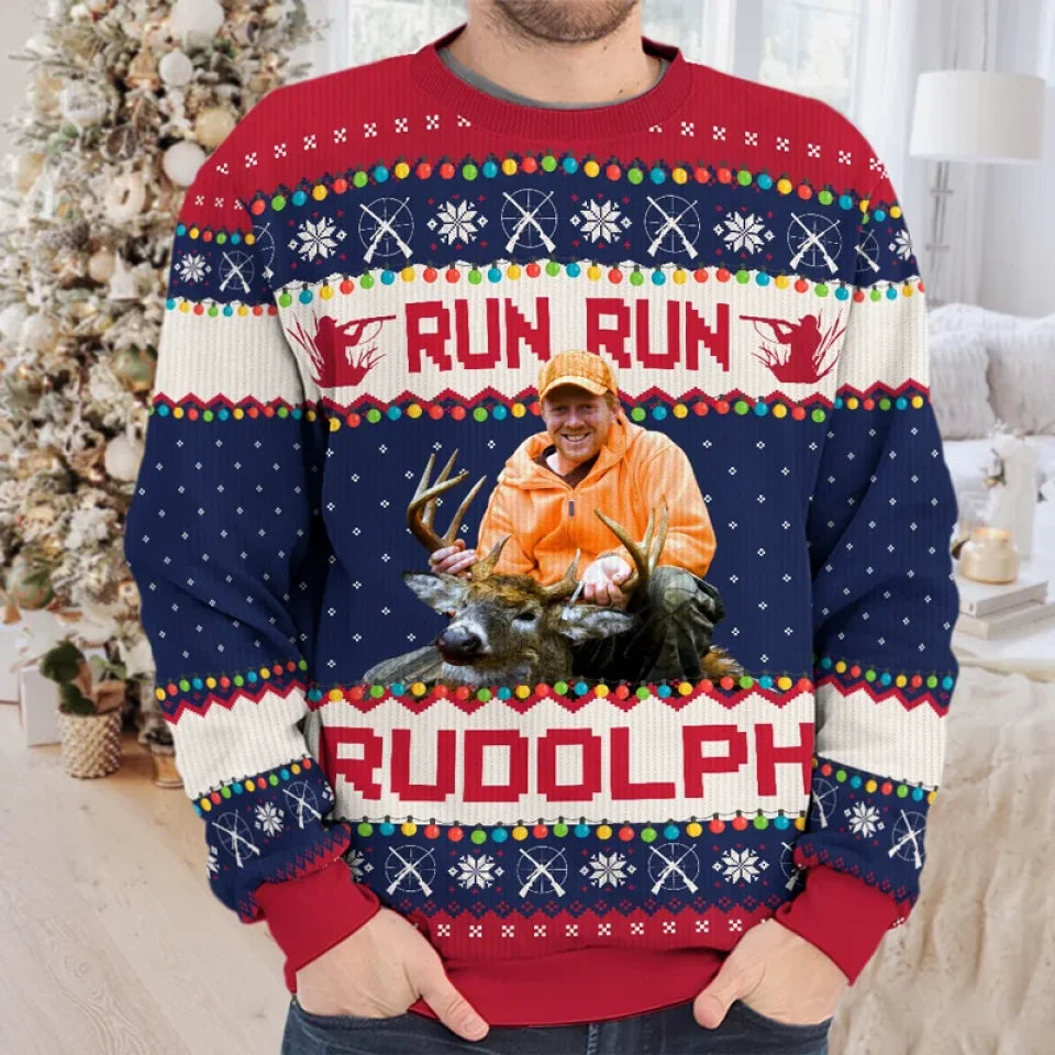 Custom Photo Merry Huntmas - Personalized Custom Ugly Sweatshirt - Unisex Wool Jumper - Hunting Christmas Gift For Dad, Grandpa, Husband