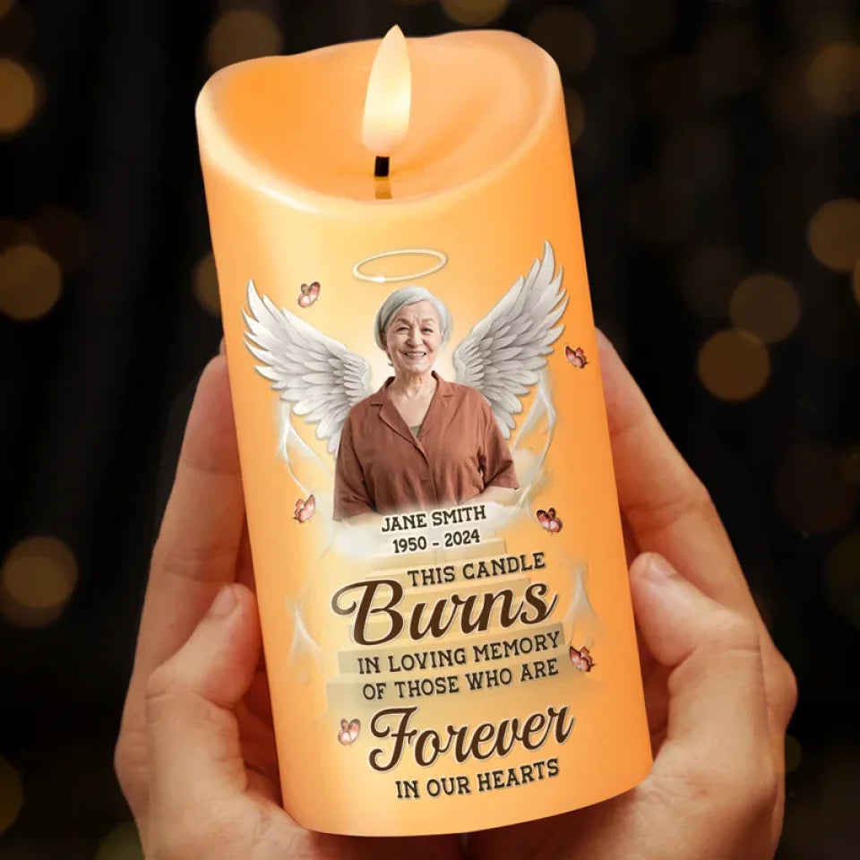 Custom Photo In Our Hearts You Will Always Stay, Loved And Remembered Every Day - Memorial Personalized Custom LED Candle - Sympathy Gift, Christmas Gift For Family Members