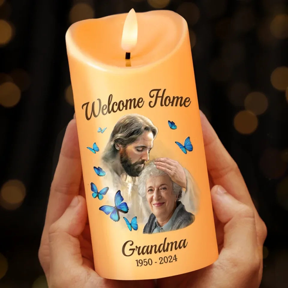 Custom Photo Home With God, But Your Love Will Never Fade - Memorial Personalized Custom LED Candle - Sympathy Gift, Christmas Gift For Family Members