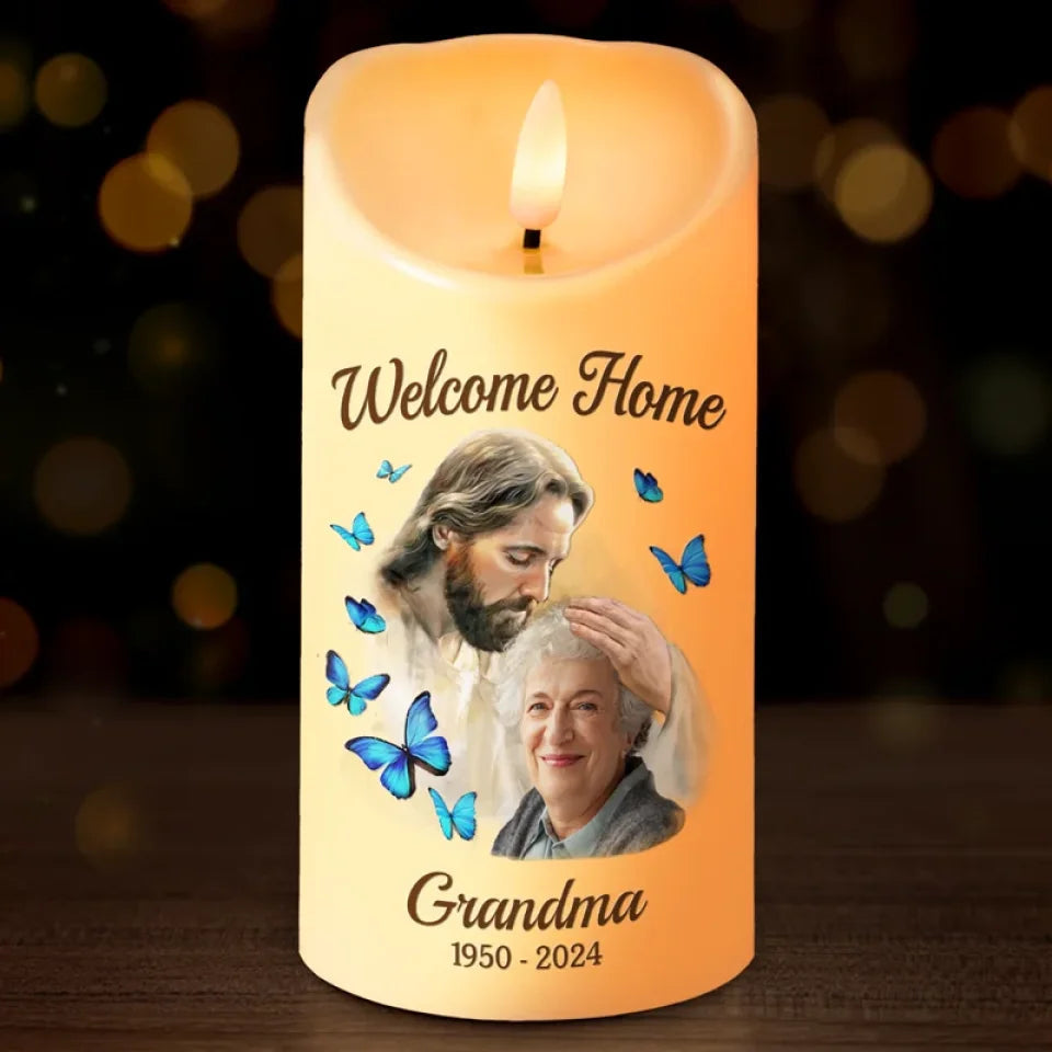 Custom Photo Home With God, But Your Love Will Never Fade - Memorial Personalized Custom LED Candle - Sympathy Gift, Christmas Gift For Family Members