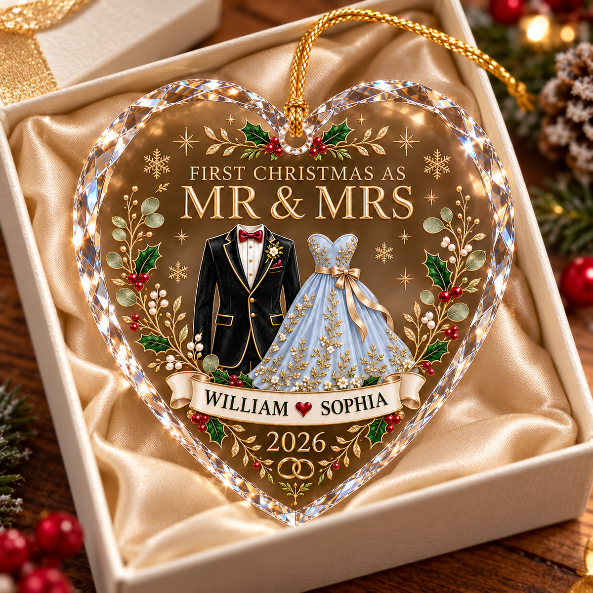 Personalized First Christmas as Mr & Mrs Ornament, Custom Names and Year Heart Wedding Keepsake, Newlywed Couple Gift, Christmas Tree Decor 67266909-184f-46de-a7db-8b9d583e315a-Personalized-Crystal-Wedding-Ornament-in-Satin-Box-1.png