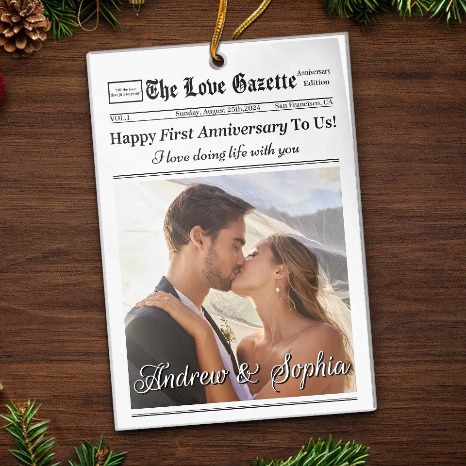 Custom Photo Happy First Anniversary To Us - Couple Personalized Custom Ornament - Acrylic Custom Shaped - Christmas Gift For Husband Wife, Anniversary, First Christmas