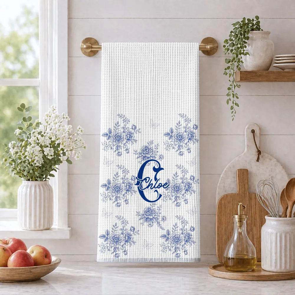 Blue Toile Pattern Alphabet - Personalized Kitchen Towel - Gift Mom Grandma 675bfa54-d13f-4c88-910d-3c2188400a6c-banner-3.webp