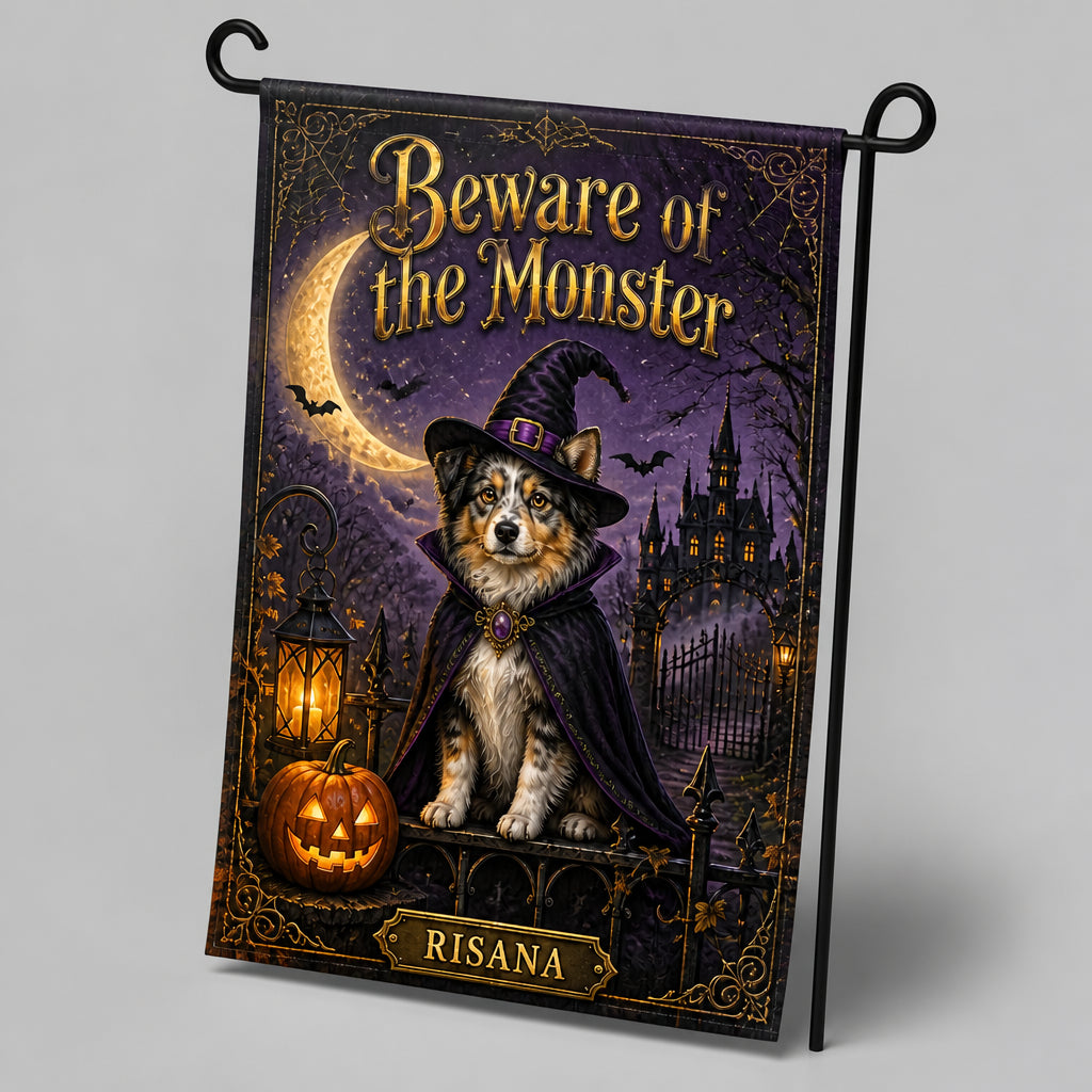 Halloween Pet Witch Garden Flag – Beware of the Monster - Personalized Family Flag 675da108-8571-486b-9e2c-4c66568ec417.jpg