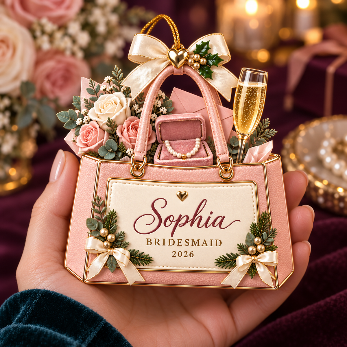Personalized Bridesmaid Christmas Ornament 2026 – Custom Name Pink Handbag with Flowers and Champagne, Bridesmaid Thank You Gift, Bridal Party Keepsake 67633791-d776-4b71-a9df-80139b523fda-Sophia-s-Bridesmaid-Christmas-Ornament.png