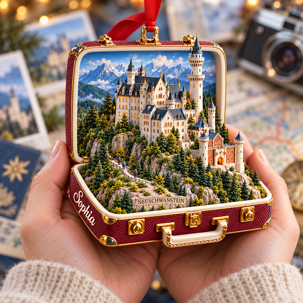 Personalized 3D Neuschwanstein Castle Suitcase Christmas Ornament – Bavaria Germany Travel Souvenir & Gift for Germany Lovers 67ad6c75-d17e-4efc-a78a-fd7d5411609e-Neuschwanstein-suitcase-ornament-in-caring-hands-4.png