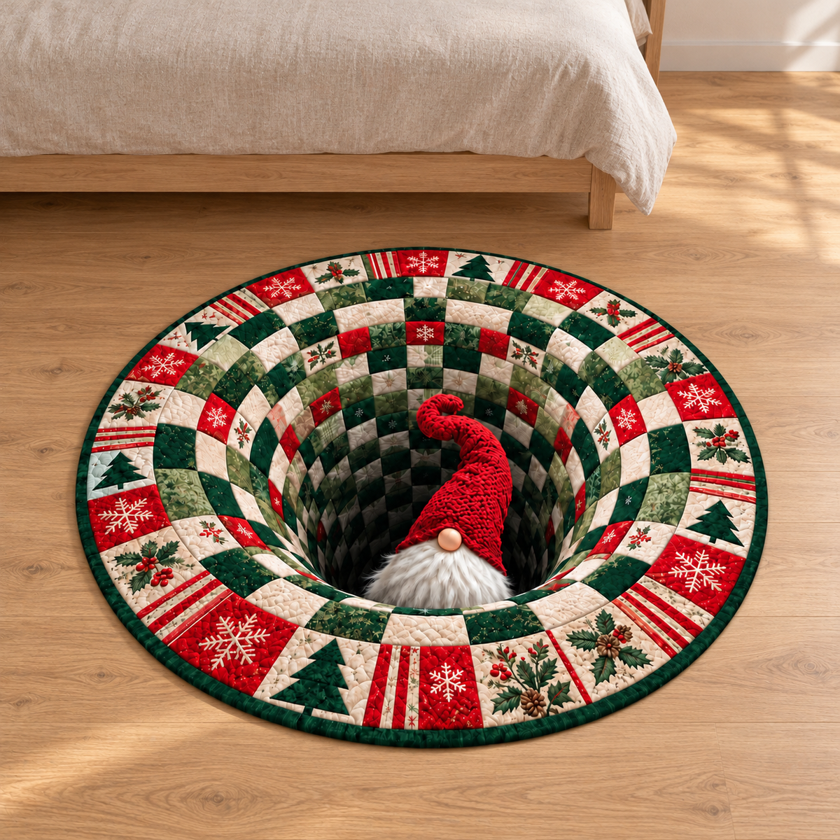 Christmas Gnome 3D Illusion Round Rug, Festive Patchwork Optical Illusion Carpet, Red Green Holiday Area Rug, Winter Home Decor 67cf371a-36fb-4c2c-a0c9-f5d41f4dc727-Th-m-Noel-o-nh-trong-ph-ng-ng-2.png