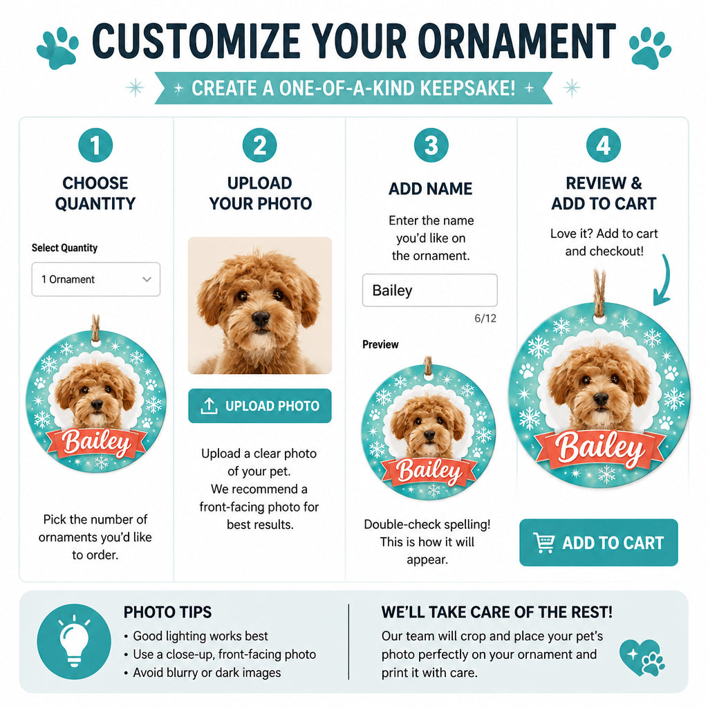 Custom Pet Photo + Name Round Ornament – Teal Snowflake Ribbon - Personalized Aluminum Ornament 67f7ba5e-2abb-45d9-b402-9cf5dba43cc9.jpg