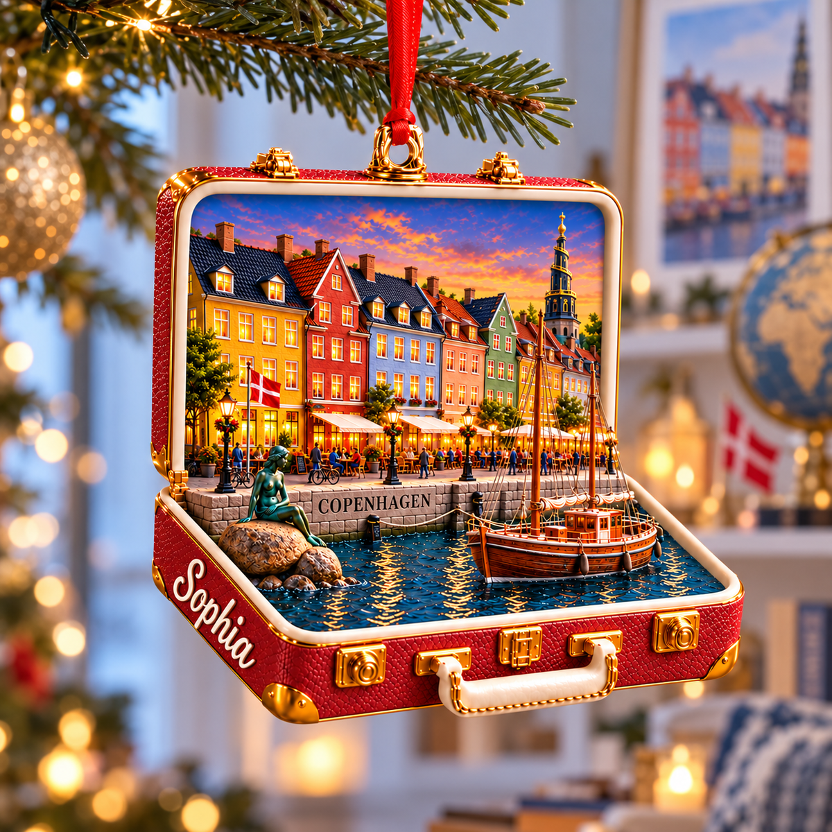 Personalized 3D Copenhagen Harbor Suitcase Christmas Ornament – Copenhagen Denmark Travel Souvenir & Gift for Copenhagen Lovers 68042f1f-24e3-4a1b-b951-0d90fa244fa9-Copenhagen-Suitcase-Ornament-in-Golden-Bokeh-2.png
