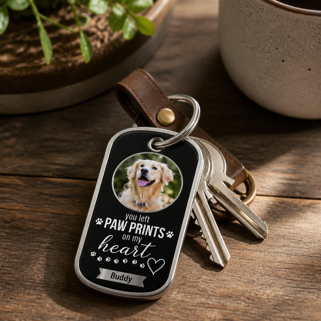 Pet Memorial Photo Keychain — You Left Paw Prints on My Heart - Personalized Color Printed Stainless Steel Keychain 68070263-1be5-46db-b884-2ad6c6145064.jpg
