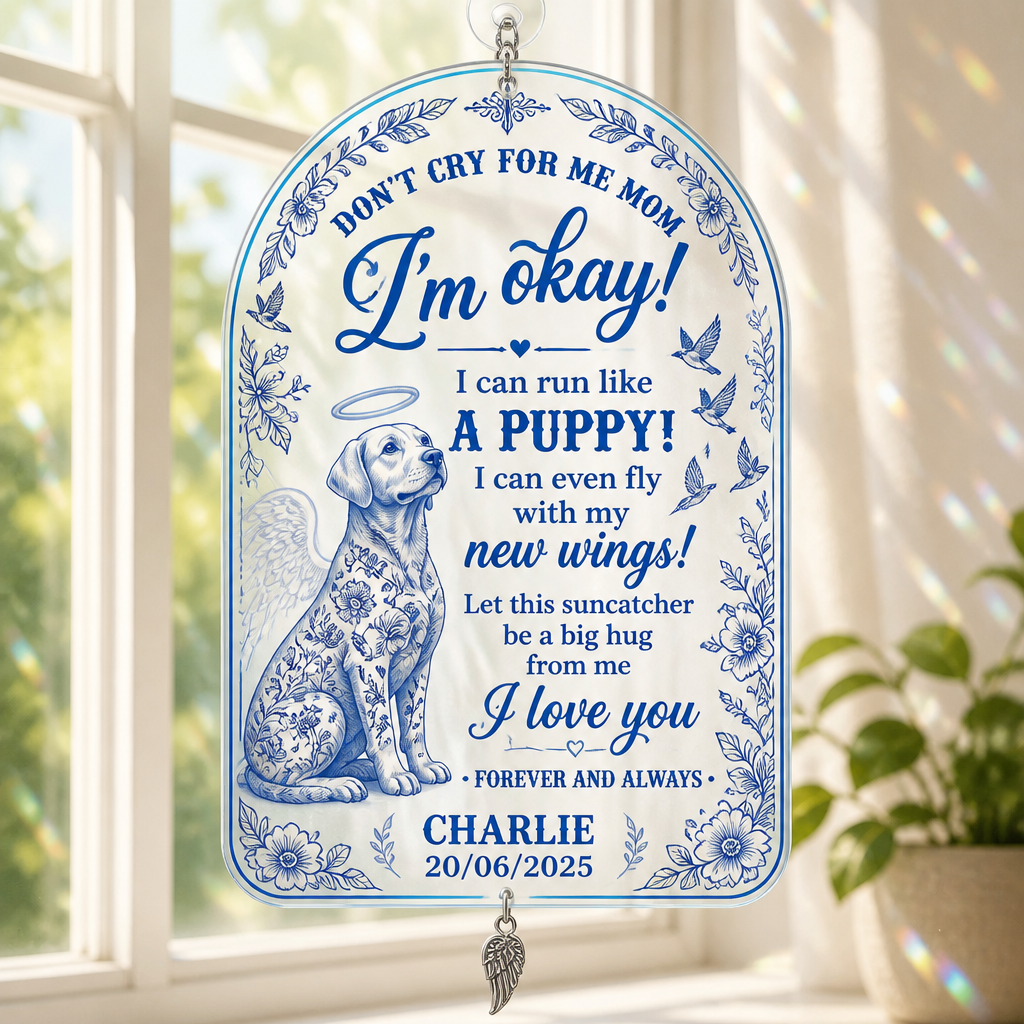 Pet Memorial Blanket – Don't Cry For Me Mom (Name & Date) - Personalized 1 Layered Suncatcher with Charm 68273ac3-9357-4274-b7c8-a6dfd7fd96cc.png