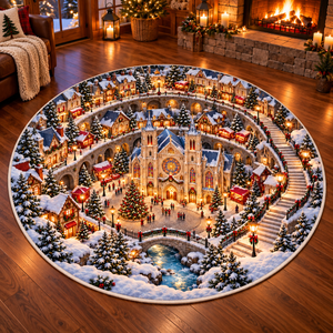 Christmas Cathedral Village 3D Illusion Round Rug, Snowy Church Square Floor Mat, Winter Wonderland Area Carpet, Festive Holiday Home Decor 6852ec11-c605-43e5-801f-12dd770bebb2-3D-Gothic-Christmas-Village-Rug-3.png