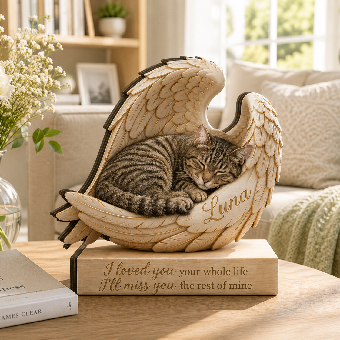 Personalized Wood Tabby Cat Memorial Block: Custom Angel Wing Cat Portrait Stand, Pet Sympathy Gift