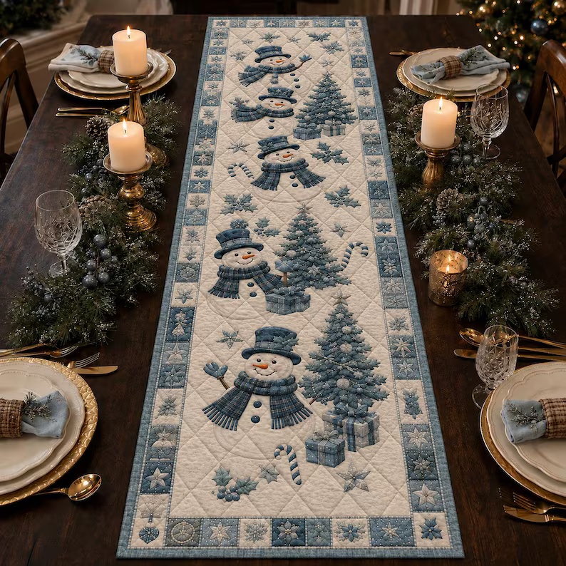 Snowman Quilted Christmas Table Runner, Blue Snowflake & Christmas Tree Design, Cozy Farmhouse Winter Dining Decor 6880c16b-e50e-4cc1-8743-5ba0877c4183-y5.png