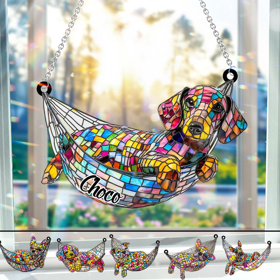Stained Glass Chilling Dog - Personalized Dog Window Hanging Suncatcher Stained Glass Ornament Gift Dog Lovers Housewarming Gift