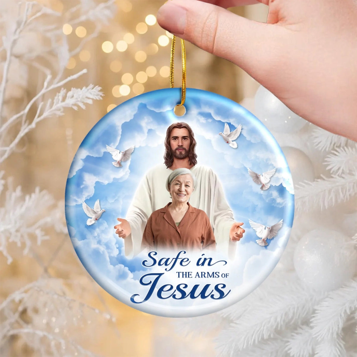 Custom Photo Ceramic Ornament - Personalized Christmas Memorial Sympathy Gifts For Loss Of Mom, Dad - Safe In His Arms