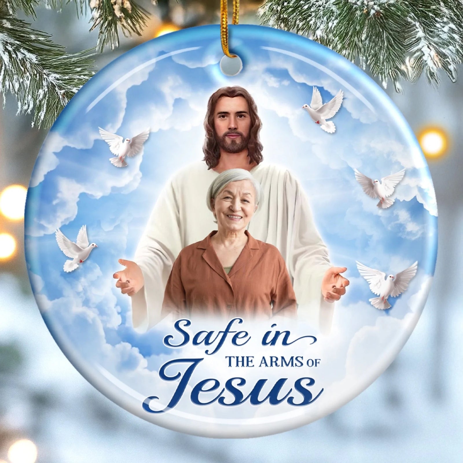 Custom Photo Ceramic Ornament - Personalized Christmas Memorial Sympathy Gifts For Loss Of Mom, Dad - Safe In His Arms