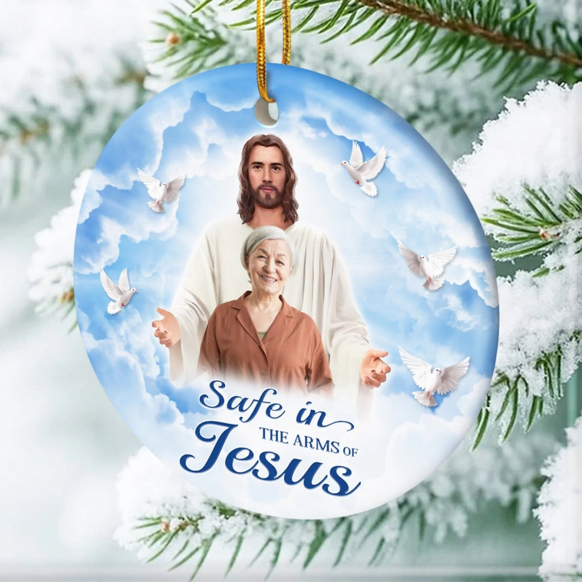 Custom Photo Ceramic Ornament - Personalized Christmas Memorial Sympathy Gifts For Loss Of Mom, Dad - Safe In His Arms