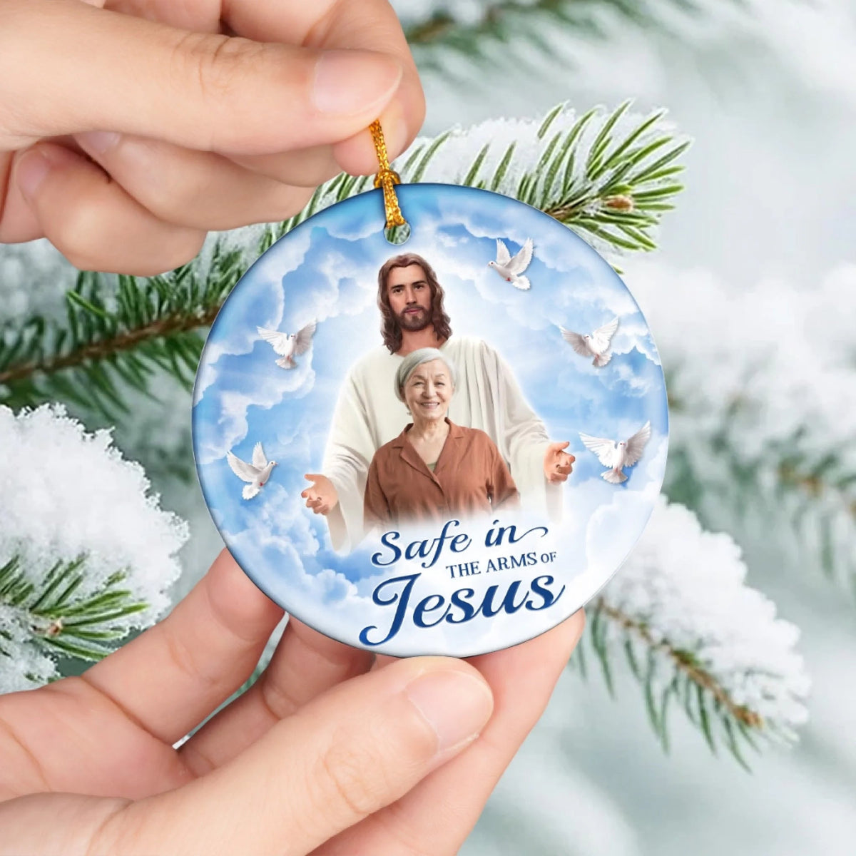 Custom Photo Ceramic Ornament - Personalized Christmas Memorial Sympathy Gifts For Loss Of Mom, Dad - Safe In His Arms