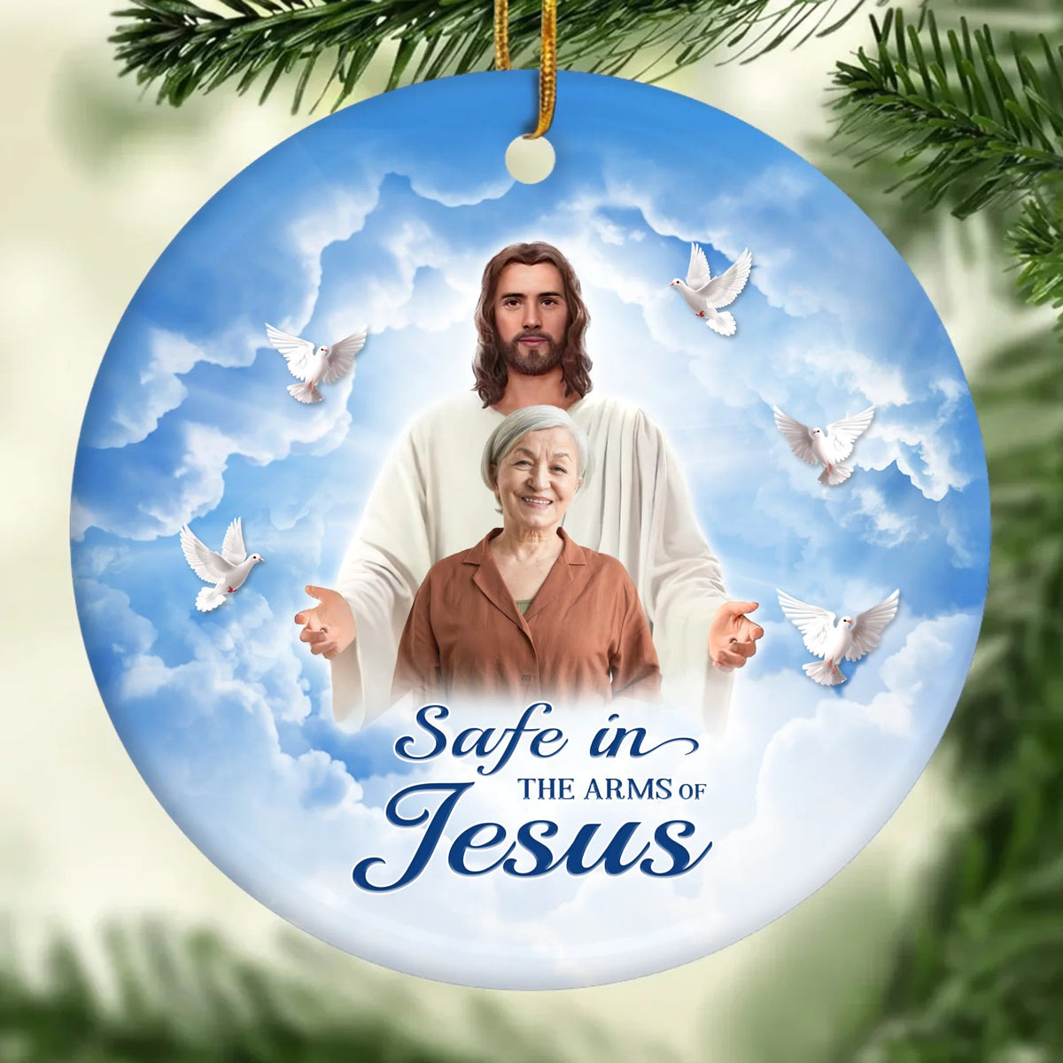 Custom Photo Ceramic Ornament - Personalized Christmas Memorial Sympathy Gifts For Loss Of Mom, Dad - Safe In His Arms