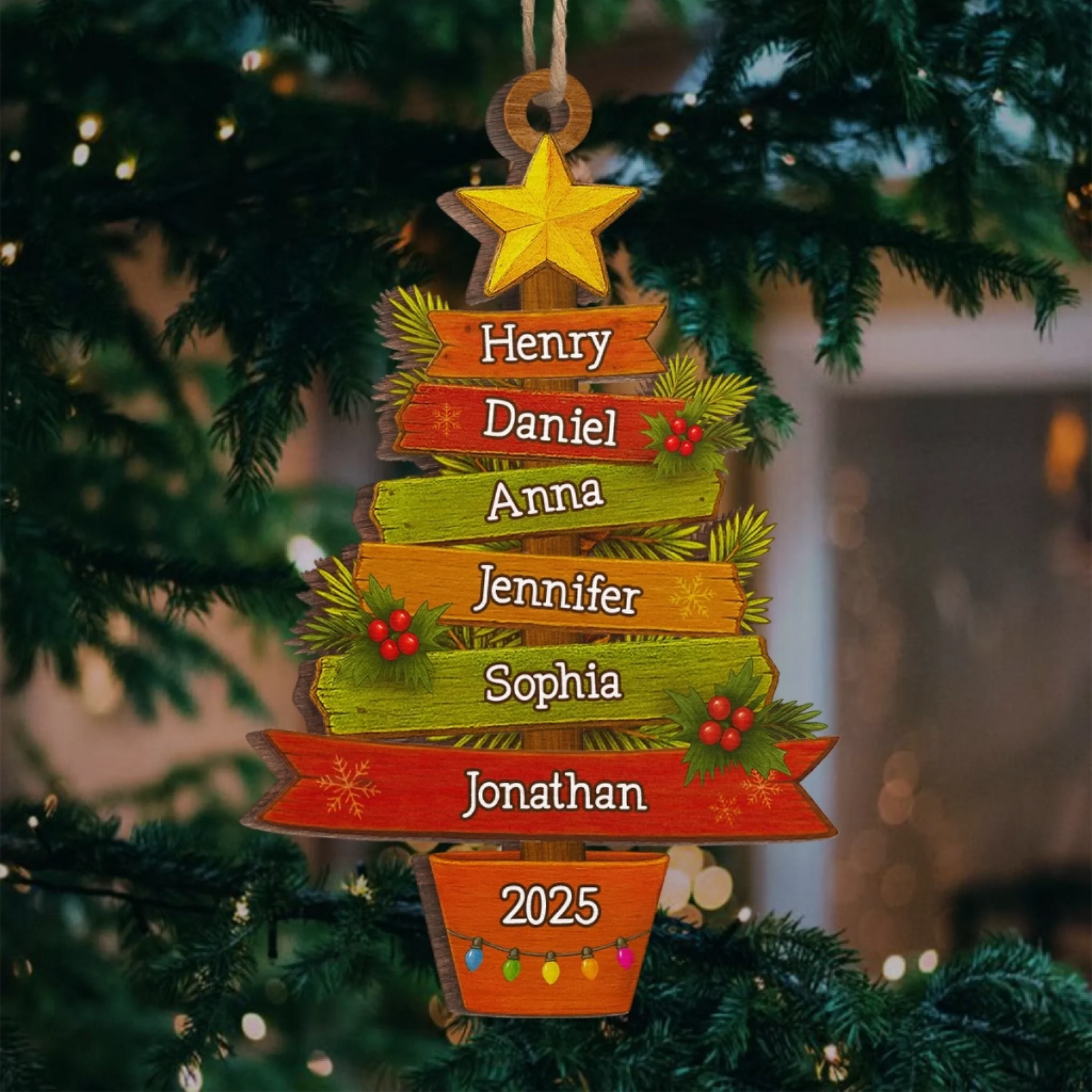 Custom Family Name Stacker Christmas Wooden Ornament, Unique Personalized Family Tree Hanging Decoration