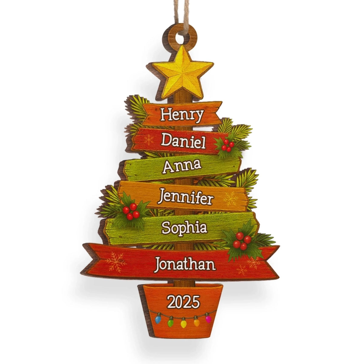 Custom Family Name Stacker Christmas Wooden Ornament, Unique Personalized Family Tree Hanging Decoration