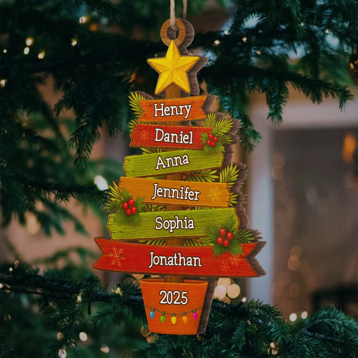Custom Family Name Stacker Christmas Wooden Ornament, Unique Personalized Family Tree Hanging Decoration