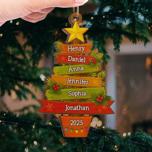Custom Family Name Stacker Christmas Wooden Ornament, Unique Personalized Family Tree Hanging Decoration