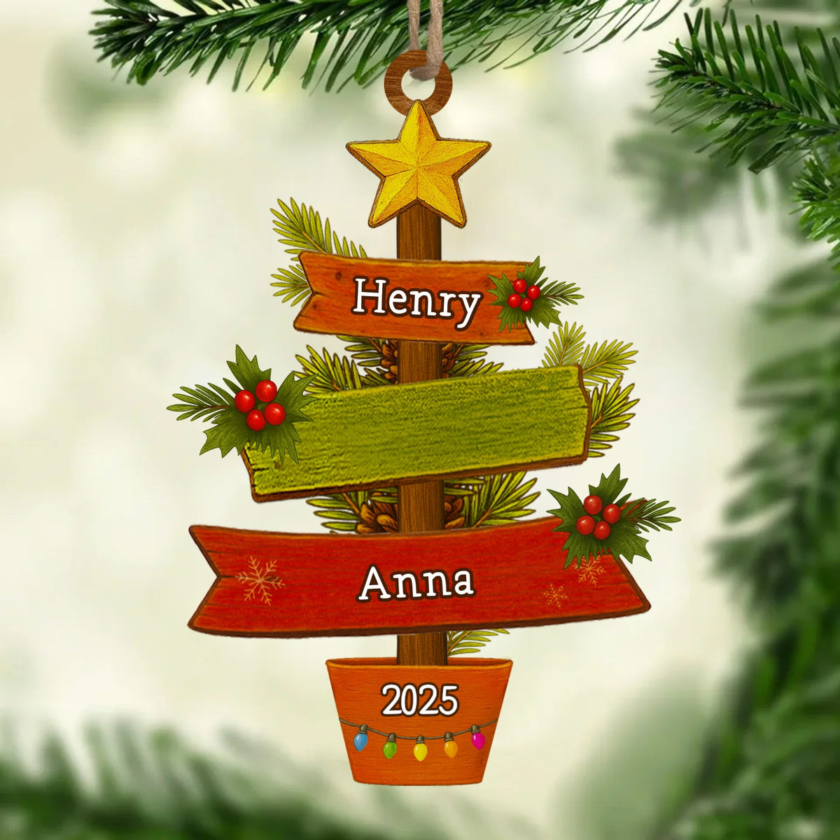 Custom Family Name Stacker Christmas Wooden Ornament, Unique Personalized Family Tree Hanging Decoration