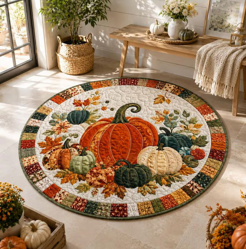 Pumpkin Fall Round Rug, Autumn Quilted Floor Decor, Harvest Area Rug, Thanksgiving Home Decor, Country Pumpkin Rug, Cozy Seasonal Accent 68fca4f6-4169-462c-9f24-91b3e43f5a1c-fghgf-2-.jpg