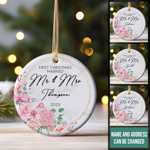 First Christmas Married Pink Flowers Wreath - Personalized Ornament - Christmas Gift