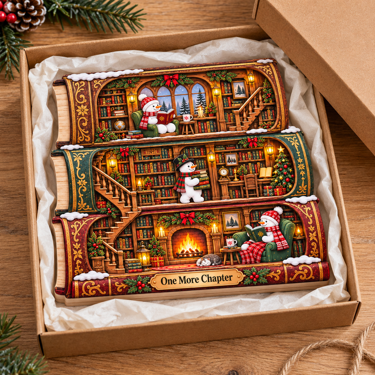 Snowman Stacked Books Wooden Block, Cozy Library Christmas Decor, One More Chapter Shelf Sign, Reading Lover Gift, Bookish Christmas Gift 690f6886-e319-4d9d-b47f-bd771ddc0632-Christmas-library-plaque-in-kraft-gift-box-4.png
