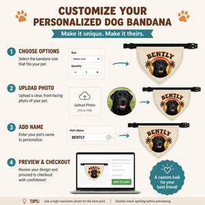 Custom Pet Photo Bandana – Tropical Sunset Badge with Name - Personalized Pet Bandana Collar With Adjustable Buckle 6915be49-8965-4780-b30a-2ac13f84460e.jpg