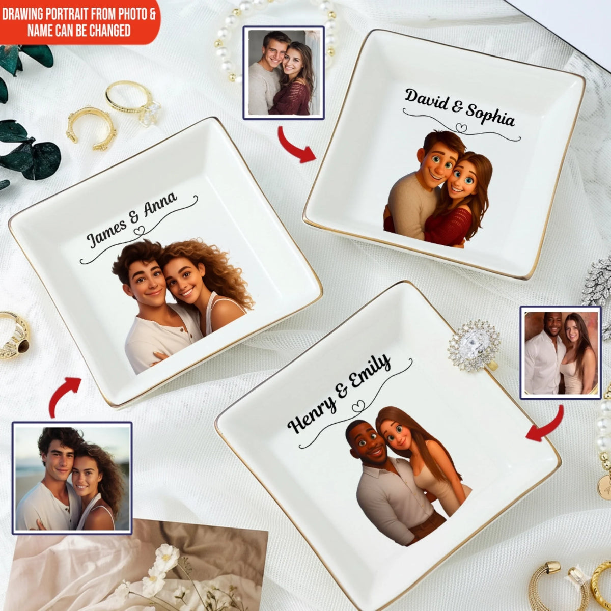 Couple 3D Animated - Personalized Jewelry Dish, Gift For Couple, Drawing 3D Portrait From Photo