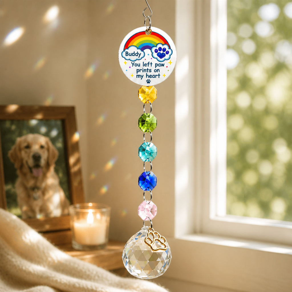 Pet Memorial Suncatcher – You Left Paw Prints On My Heart (Name Personalized) - Personalized 1 Layered Suncatcher with Charm 69776175-c87c-487e-a73a-0784ce5f7104.jpg