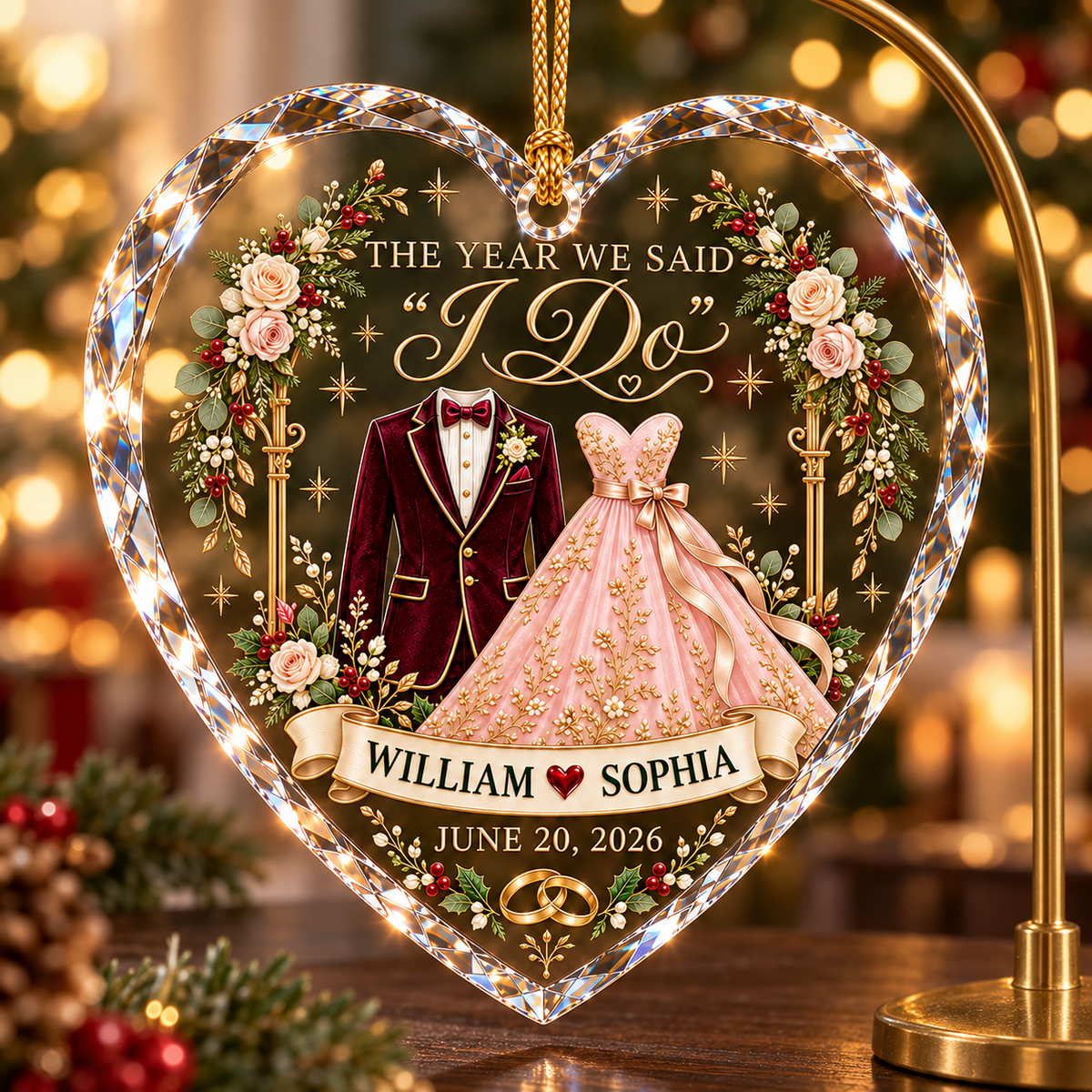 Personalized Wedding Christmas Ornament, The Year We Said I Do, Custom Names and Wedding Date Heart Keepsake, Newlywed Couple Gift 69d3f347-87e0-46c9-bbfa-185c4a38948e-Burgundy-and-blush-crystal-wedding-heart-2.png
