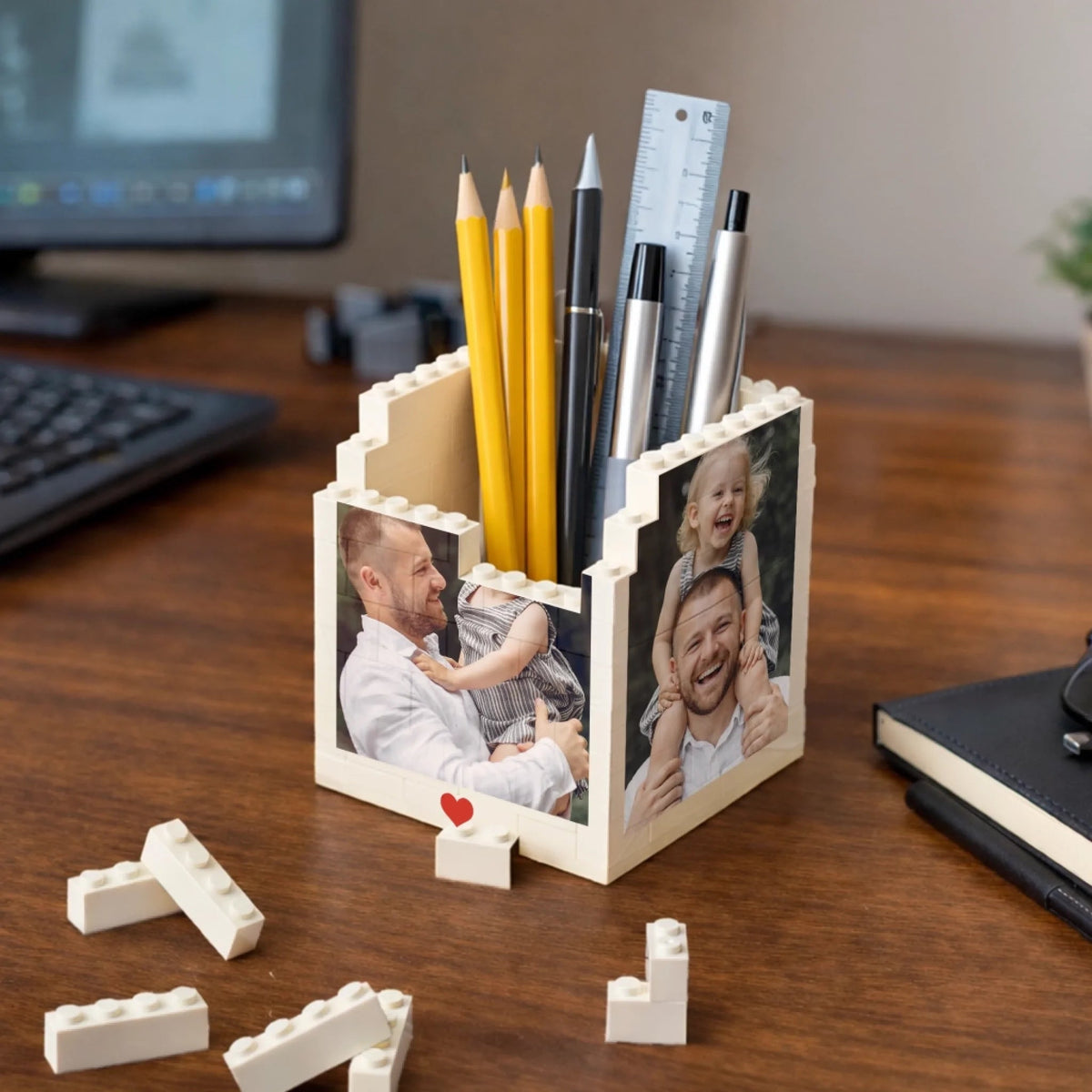 Custom Photo Brick-Style Pen Holder - Personalized Father's Day Birthday Gifts For Dad, Grandpa - Dad Always Shows The Way
