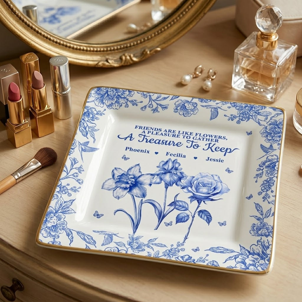 Grow An Old Friend Toile Birth Flower - Personalized Ring Dish