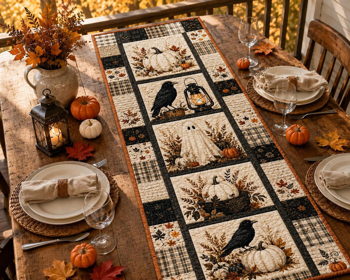 Halloween Quilted Table Runner, Fall Table Runner, Pumpkin Cat Ghost Bat Table Decor, Spooky Autumn Dining Table Runner Halloween Home Decor 69fdca00-320a-41d7-927b-76eb91f48d5e-8.jpg