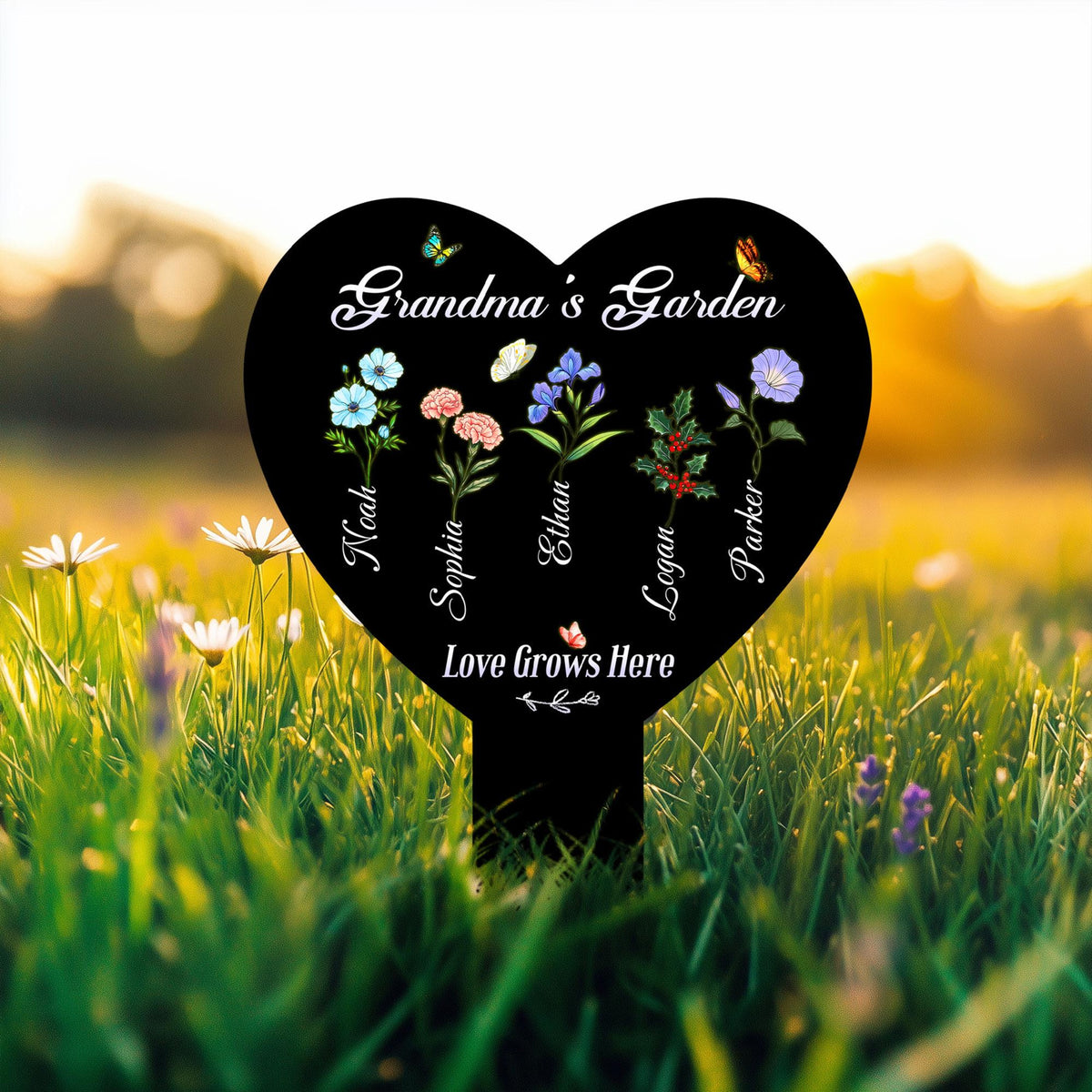 Personalized Birth Flower Metal Garden Stake, Mother's Day Gifts for Grandma, Grandkids Names, Nana's Blessings, Garden Marker Botanical Art