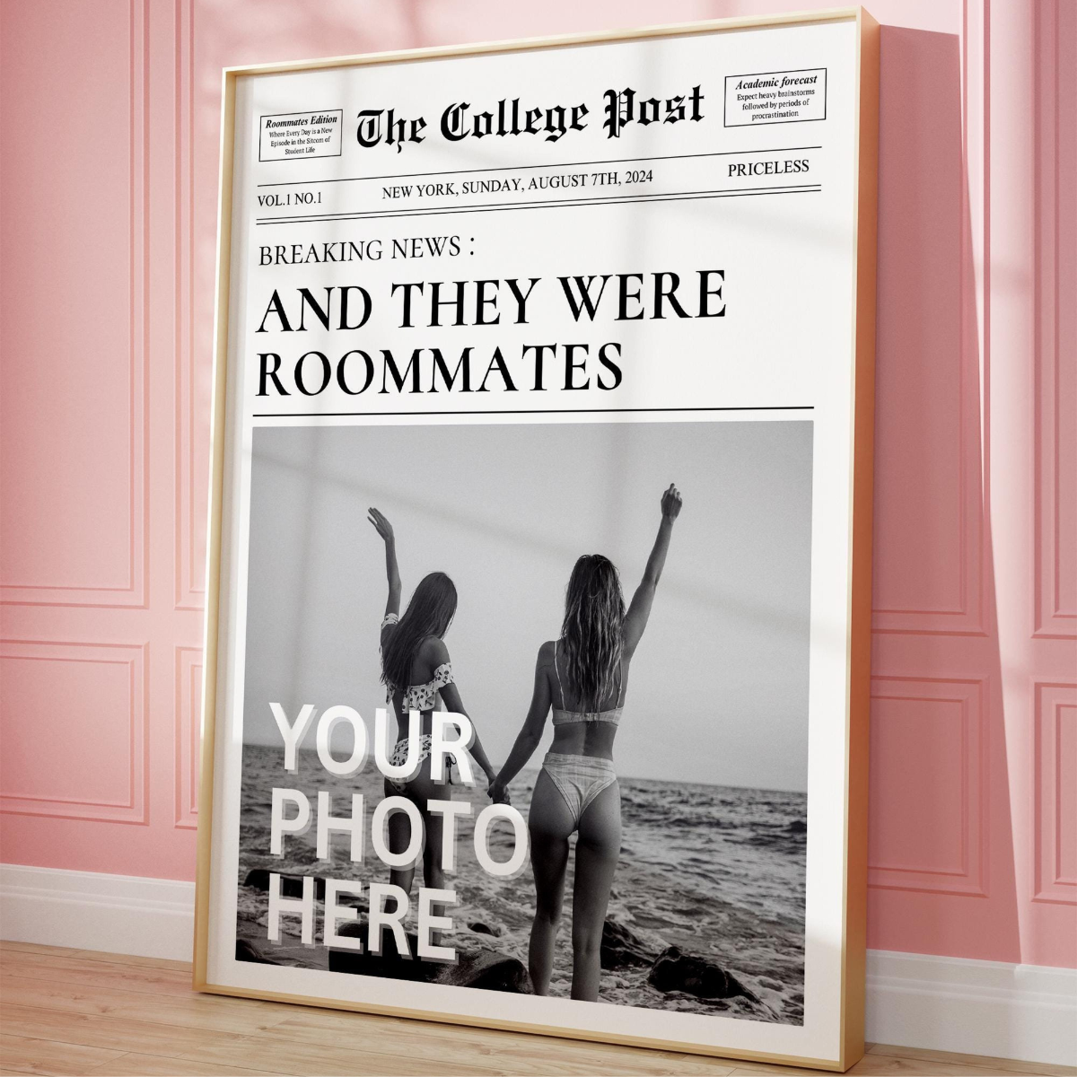 Custom Newspaper Print, Personalized New York Times Wall Art, Retro Magazine Headline, Roommate Decor, Girl Dorm Room Decor