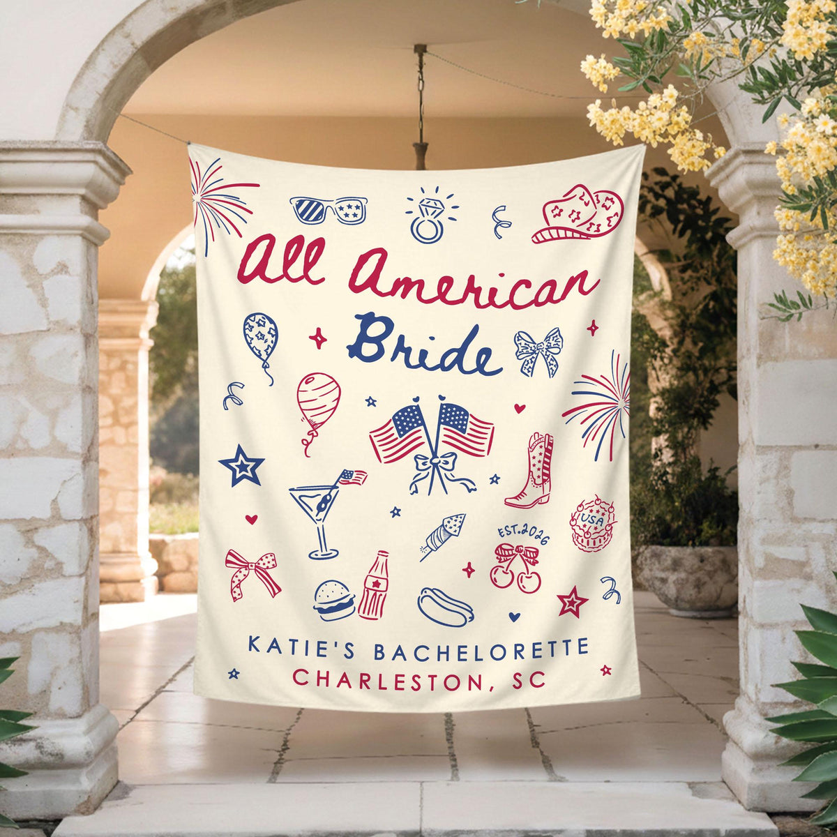 All American Bride Bachelorette Tapestry, Independence Day Bach Banner Decor, Custom Fourth Of July American Backdrop, 4th of July BridalShower