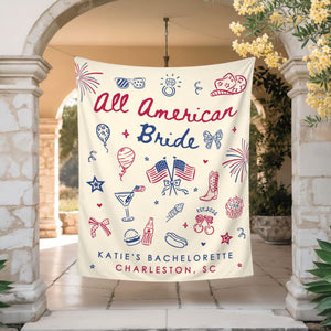 All American Bride Bachelorette Tapestry, Independence Day Bach Banner Decor, Custom Fourth Of July American Backdrop, 4th of July BridalShower