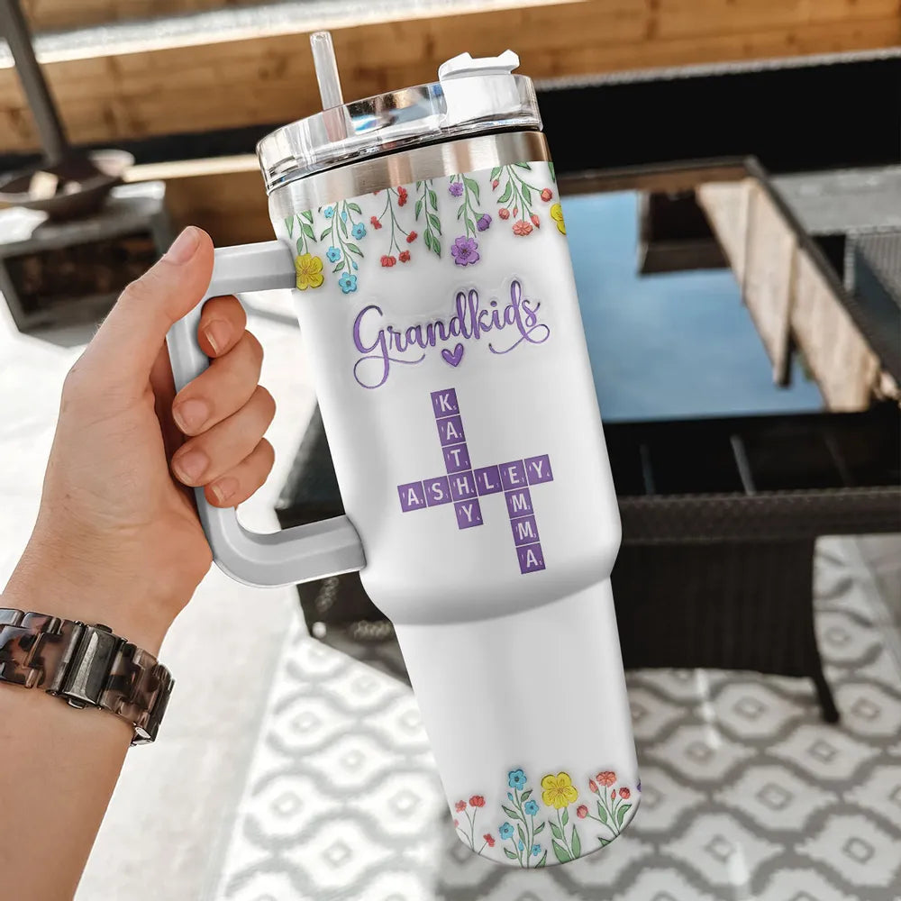 Grandkids Purple Crossword Wildflower Pattern - Personalized 40oz Tumbler - Gift For Grandma Mom, Mother's Day, Birthday Gift