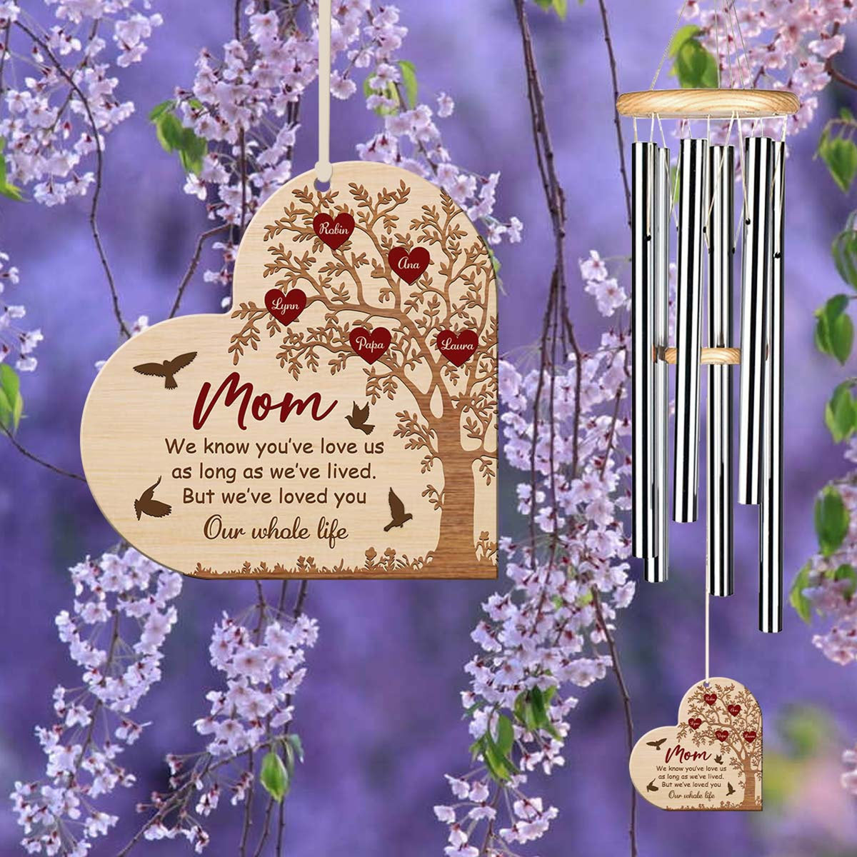 Personalized Mom Wind Chime, Custom Kid Name Sign, Heart Keepsake, Wood Wind Chime, Gift for Grandma, Mother's Day Gift, Home Decor